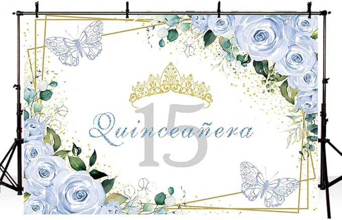 SENDY 7x5ft Quinceañera Backdrop Mis Quince 15 Anos Birthday Party Decoration Supplies for Girl Princess Blue Floral Butterfly Golden Crown Photography Background Banner Photo Booth Studio Props