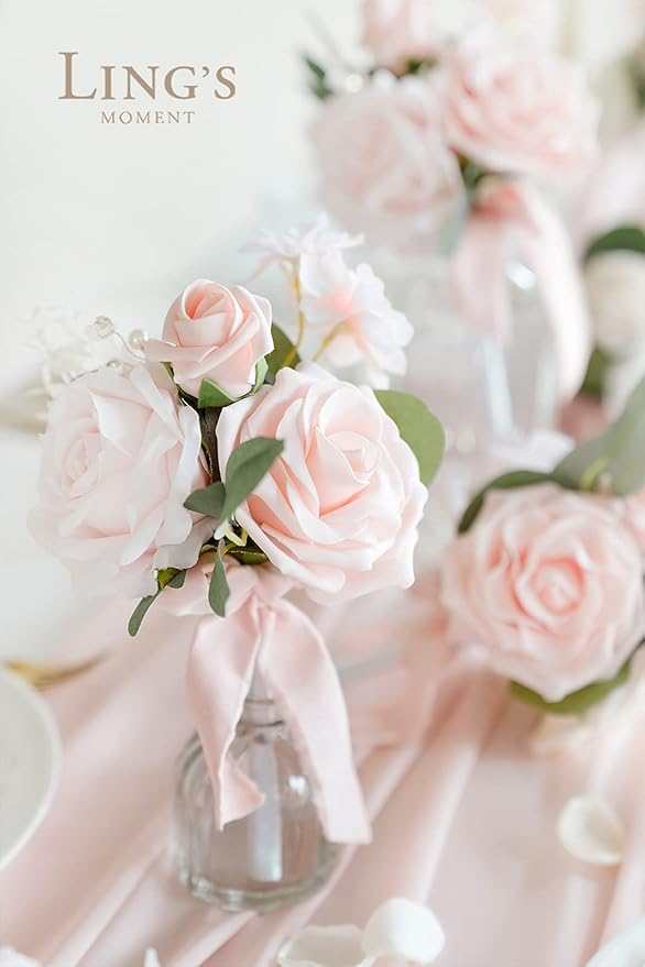 Ling's moment Artificial Flowers 16pcs Pale Pink Silk Roses with Stems, 3.5" Fake Shabby Blush Vendela Roses Bulk for DIY Wedding Bouquets Centerpieces Party Baby Shower Home Decoration