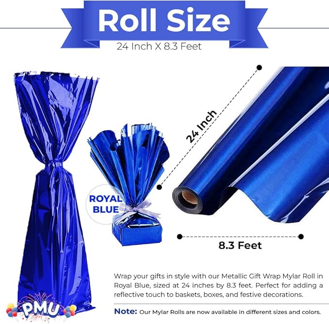 PMU (2 Gift Wrap Mylar Roll Metallic Royal Blue 2-sided, 24 Inches X 8.3 Ft Roll 1.4 Mil Highly Reflective Mylar Film, Great for Gifts, Birthdays, Christmas, Baskets, Arts & Crafts