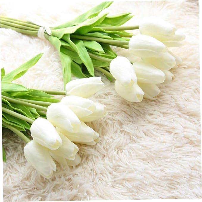 NIDONE Artificial Tulips Flowers Real Touch Tulips Holland PU Bouquet Latex Flower White for Wedding Party Office Home Kitchen Decoration 30pcs (White)