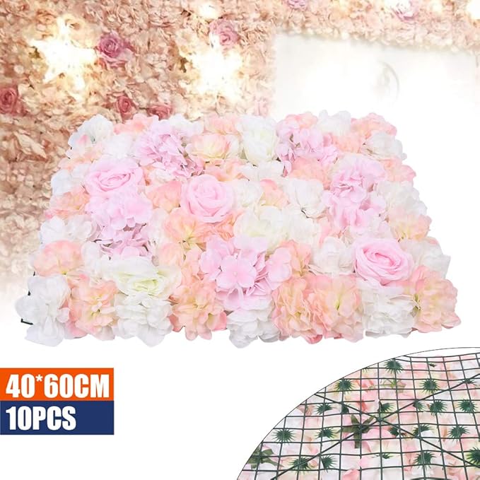 Flower Wall Panel Floral Backdrop,10Pack Champagne Flower Wall Decor,Silk Rose Wall, Artificial Flower Backdrop Faux Flower Panel for Wedding (10PCS PINK1)