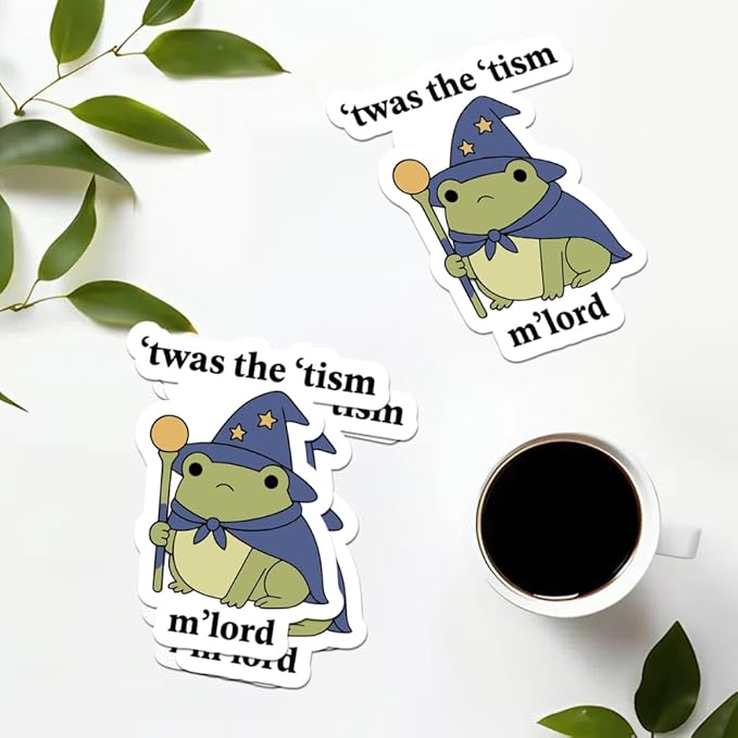 HANDICHI Design 5-Pack 3 Inch Cute Wizard Frog Stickers – ’TWAS The ’Tism M’Lord Meme Vinyl Decals – Funny Neurodivergent Sticker Pack for Laptops, Water Bottles, Journals and Scrapbooks