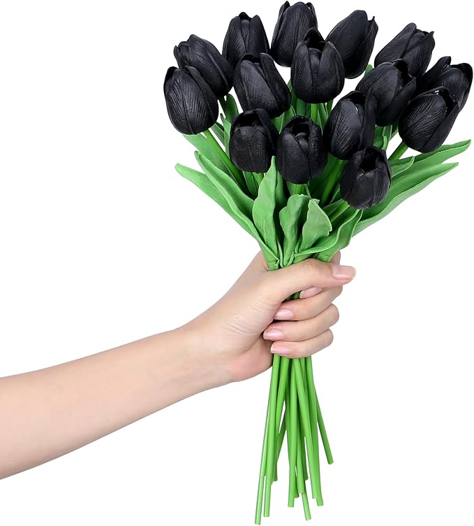 SITUMEIZI 15pcs Black Tulips Fake Artificial Flowers Real Touch 14" Silk Flower for Home Decor Easter Spring Wedding Bouquet Decorations Mother's Gift Day Floral Arrangements
