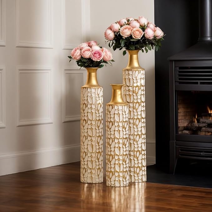 Floor Oversized Gold Metal Decorative Vase with 3D Triangle Pattern Set of 3 Large Vases for Home Living Room 33.5 ", 29.5 ", 25.2" High (Antique White)