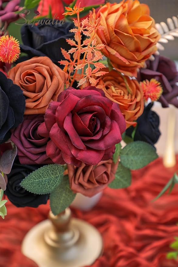 Serwalin Artificial Flowers Black Orange Fall Flowers Halloween Black Wedding Flowers for DIY Wedding Bouquets Bridal Shower Centerpieces Floral Arrangements Party Home Decor