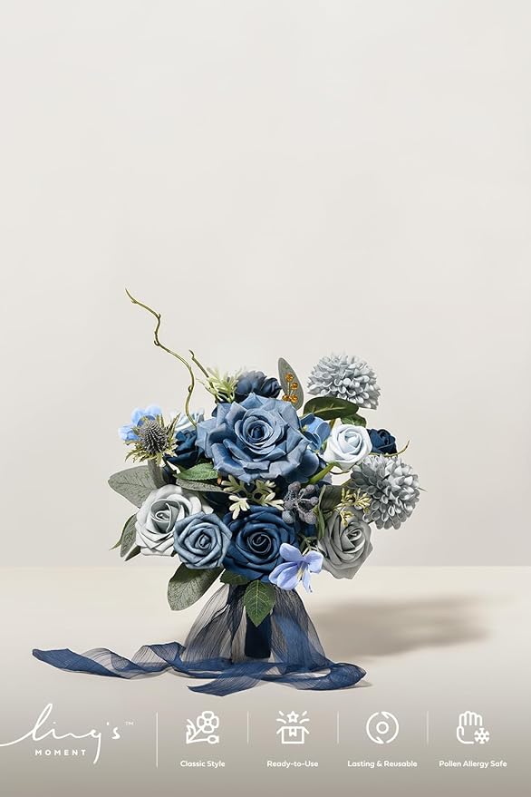 Ling's moment Blue Bridesmaid Bouquet Set of 4, Dusty Blue and Navy Blue Wedding Bouquets for Bridesmaids, 7 Inch Bridal Bouquets for Bridesmaids, Wedding, Ceremony, Anniversary
