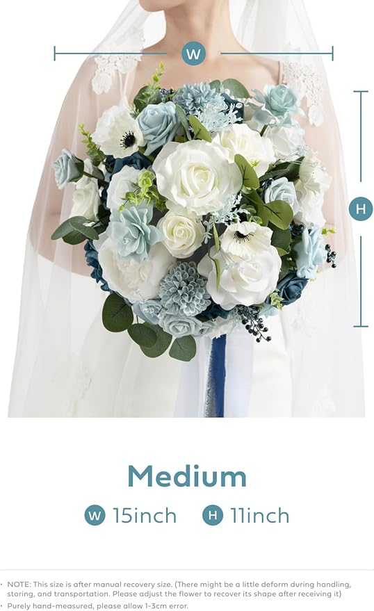 Ling's moment Dusty Blue Bridal Bouquet for Bride, Blue Wedding Bouquets for Bride, 9 Inch Silk Round Artificial Wedding Flowers Bouquets