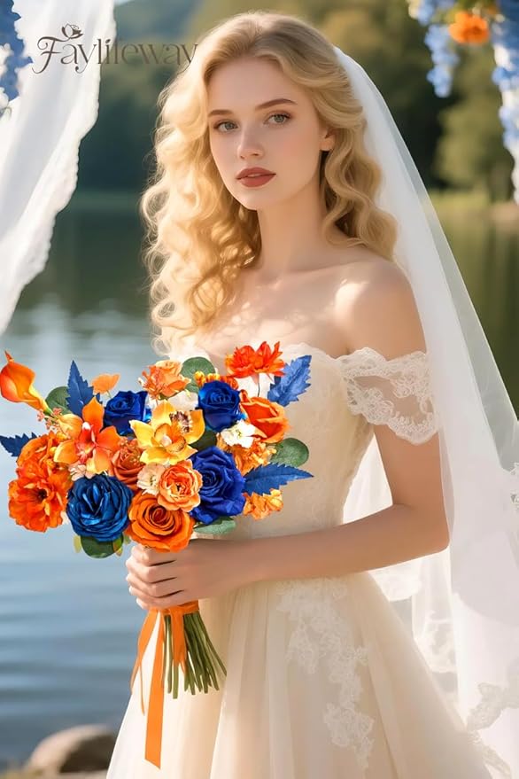Faylifeway Artificial Flowers, Fall Orange and Red Silk Flowers for DIY Wedding Bridal Bouquets, Fall Fake Cake Flowers for Table Centerpieces Party Home Decorations