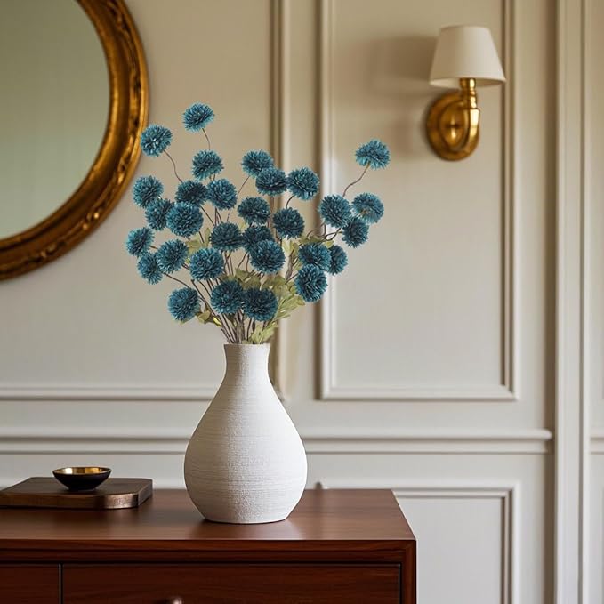 DuHouse 6pcs Artificial Flowers Faux Silk Pompon Mum,Silk Small Mini Chrysanthemum Ball with Stems for DIY Bouquets Centerpieces Vase Home Table Kitchen Decorations(Peacock Blue)