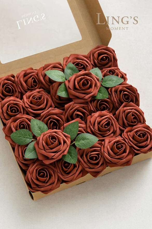 Ling's moment Fall Artificial Flowers 25Pcs Amber Roses Decor w/Stems,3" Real Touch DIY Foam Floral for Wedding Bouquet/Centerpieces, Outdoors Party Backdrop, Room/Table, and Garden/Pot Decorations