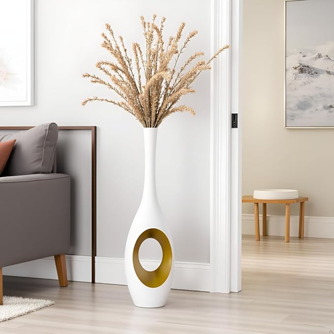 23.6 Inch White Vases – Modern Oval Floor Vase with Gold Cutouts & Slim Neck, Luxury Decorative Tall Vases for Living Room, Wedding, Office Decor – Resin Tall Floor Vase