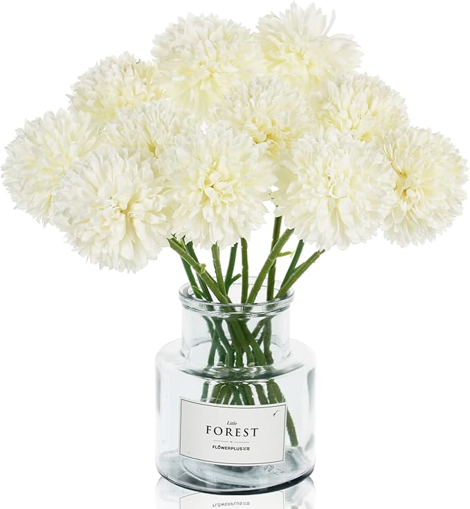 Tinsow 12 Pcs Artificial Flowers Faux Ball Chrysanthemum Bouquet Silk White Flowers Bridal Wedding Bouquet for Home Garden Party Wedding Decoration (White, 12)