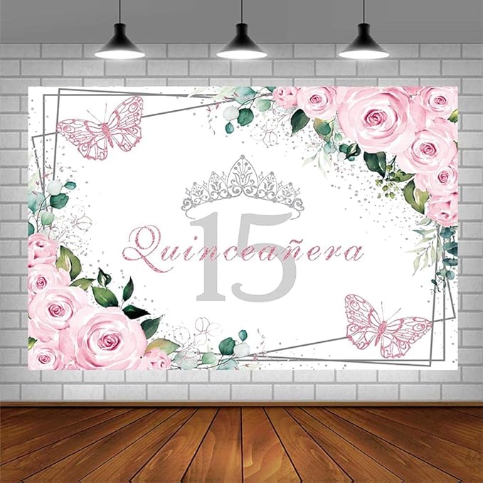 SENDY 10x7ft Quinceañera Backdrop Mis Quince 15 Anos Birthday Party Decorations Supplies for Girl Princess Pink Floral Butterfly Silver Crown Photography Background Banner Photo Booth Studio Props