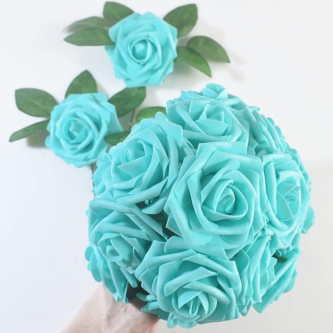 homEdge Artificial Rose, 25pcs Foam Artificial Flowers with Stem for Home Decorations, Wedding Bouquets, Party, Certerpieces, Anniversaries-Light Blue