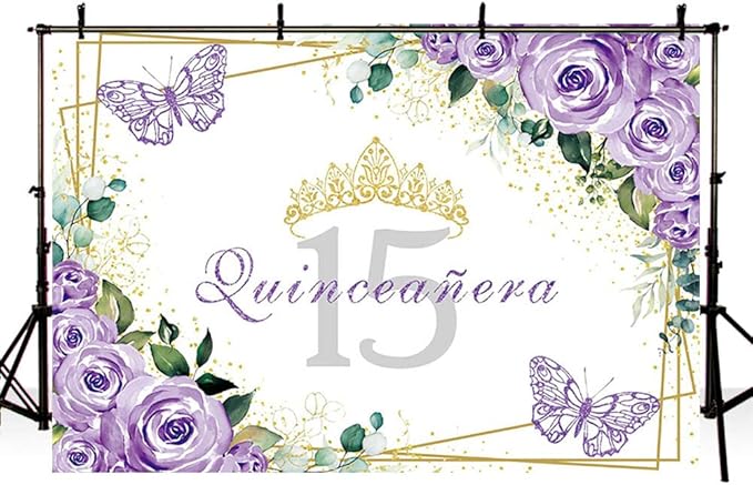 SENDY 8x6ft Quinceañera Backdrop Mis Quince 15 Anos Birthday Party Decoration Supplies for Girl Princess Purple Floral Butterfly Gold Crown Photography Background Banner Photo Booth Studio Props Vinyl