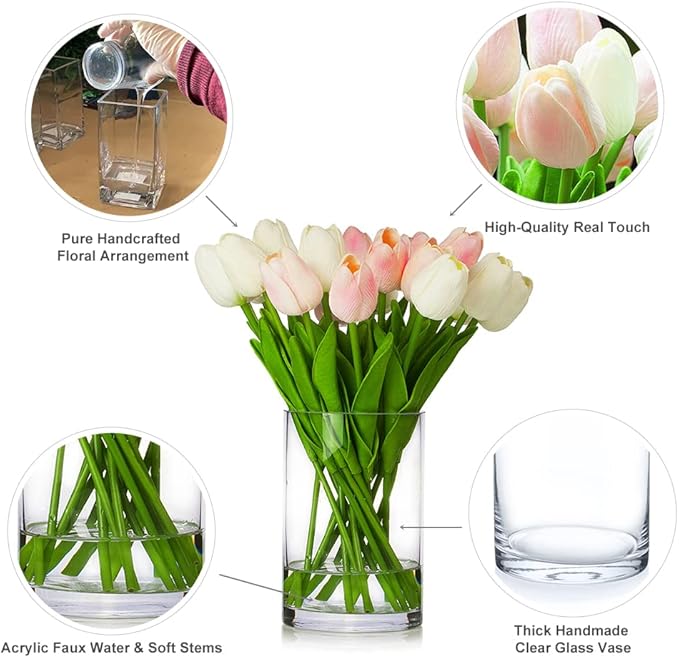 ENOVA FLORAL 20 Heads Real Touch Artificial Tulips Flowers in Vase, Mixed White and Pink Tulips Flower Arrangements with Vase and Faux Water for Home Wedding Decor, Dining Table (White Pink)