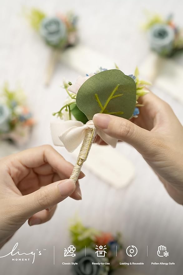 Ling's moment Boutonniere for Men, 6pcs Groom Groomsmen Boutonniere, Artificial Flowers for Wedding Decor/Prom/Homecoming, etc.Dusty Blue Cream