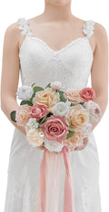 TINGE TIME 9 inch Bridal Bouquets for Bride, Artificial Silk Flowers Tossing Bouquet, Bride Bouquets for Wedding, Ceremony, Anniversary (Champange&Pink)