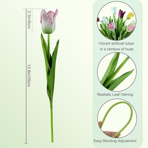 12pcs Tulips Artificial Flowers Real Touch Silk Faux Flowers Tulip Stems for Wedding Spring Bouquet Floral Arrangement Home Party Office Decorations (White Pink red Orange Green Yellow)