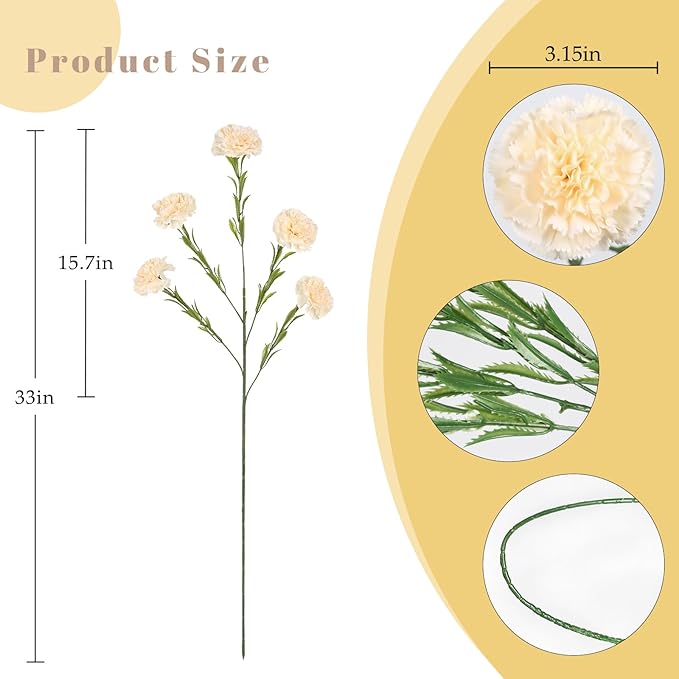IPOPU Carnations Artificial Flowers 6PCS Silk Carnations Faux Flowers Artificial Flowers Bulk 33in Long Flowers for Wedding Home Table Centerpieces Floral Arrangement(Champagne)