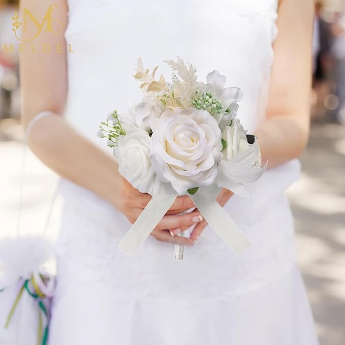 Meldel Set of 6 Wedding Flowers Fake Rose Mini Bridesmaid Bride Bouquets Ivory White Small Floral Wedding Centerpieces Decor Artificial Flower Arrangements for Tables Home Party Decorations