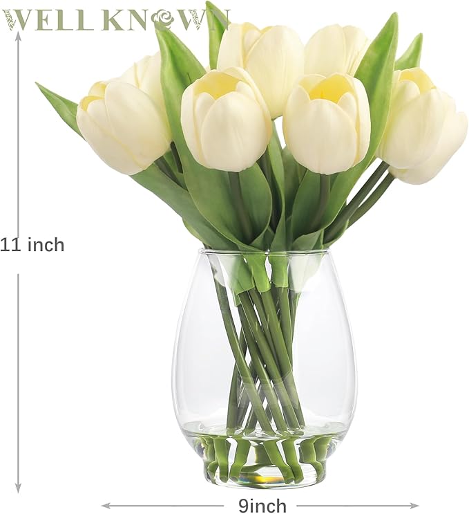 WELL KNOWN 12 Pcs Tulips Artificial Flowers in Vase, Real Touch Tulips with Vase with Upgrate Acrylic Water Flower Arrangements Centerpiece for Dining Room Table Decoration（Cream）