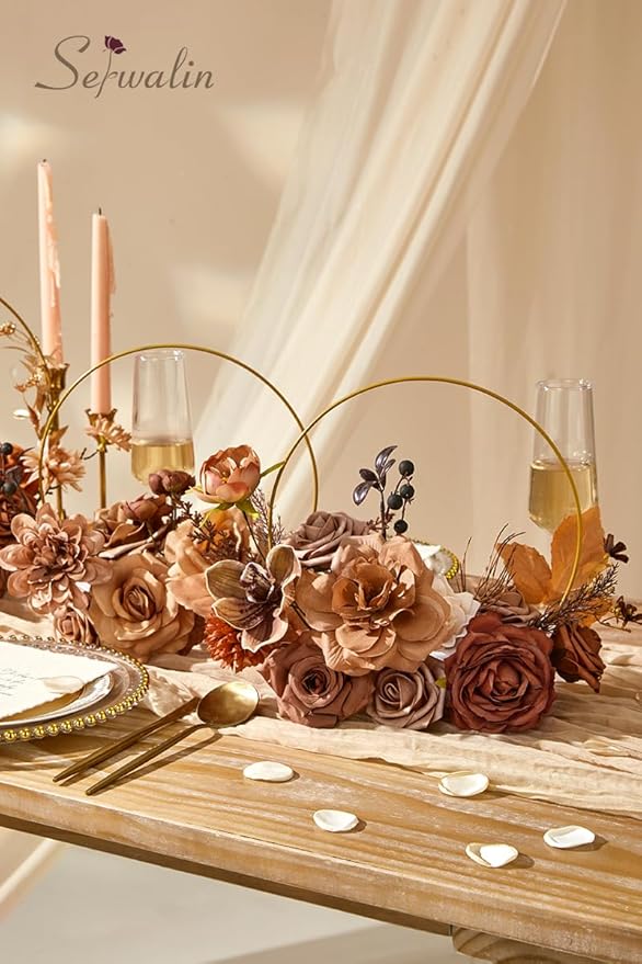 Serwalin Artificial Fall Flowers, Brown & Terracotta Silk Flowers with Stems, Fake Roses Flowers for Wedding Bouquets Bridal Baby Shower Party Craft Home Cake Decoration