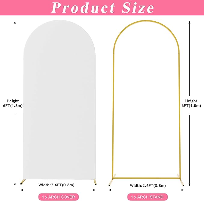 Putros 6ft Metal Arch Stand with Cover White Spandex Fitted Wedding Arch Cover and Round Top Chiara Backdrop Set for Birthday Party Baby Shower Decoration
