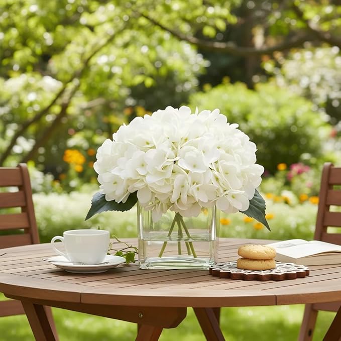 Silk Hydrangea Artificial Flowers in Vase with Faux Water, Silk Flower Arrangements in Vase for Wedding, Dining Table, Living Room (Cream White)