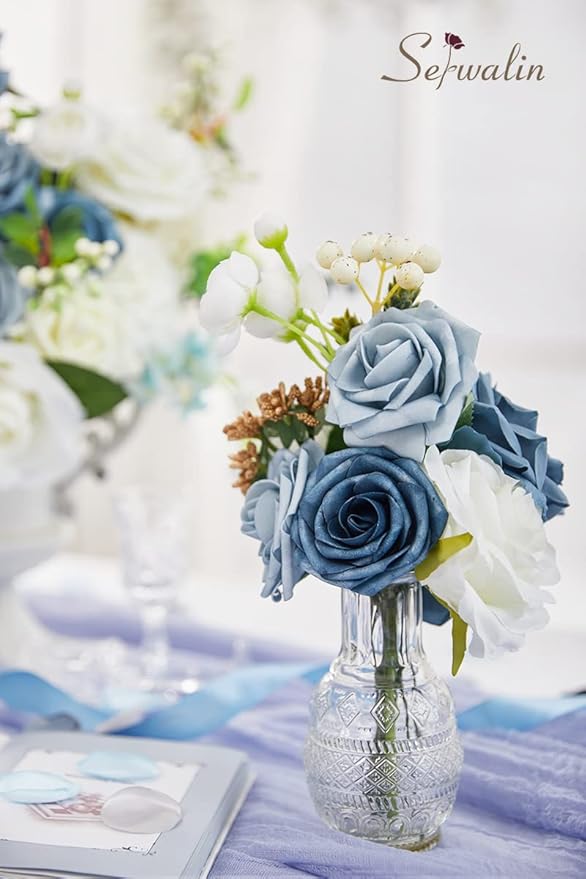 Serwalin Artificial Flowers Blue Fake Silk Foam Wedding Flowers for Bridal Bouquet White Roses with Stems for Home Party Decoration Faux Flower Table Centerpieces Arrangements for Baby Shower