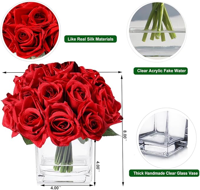 18 Heads Artificial Rose Flowers in Vase, Fake Rose Floral Arrangement in Vase with Fake Water for Dining Table Wedding Home Decor (Red)