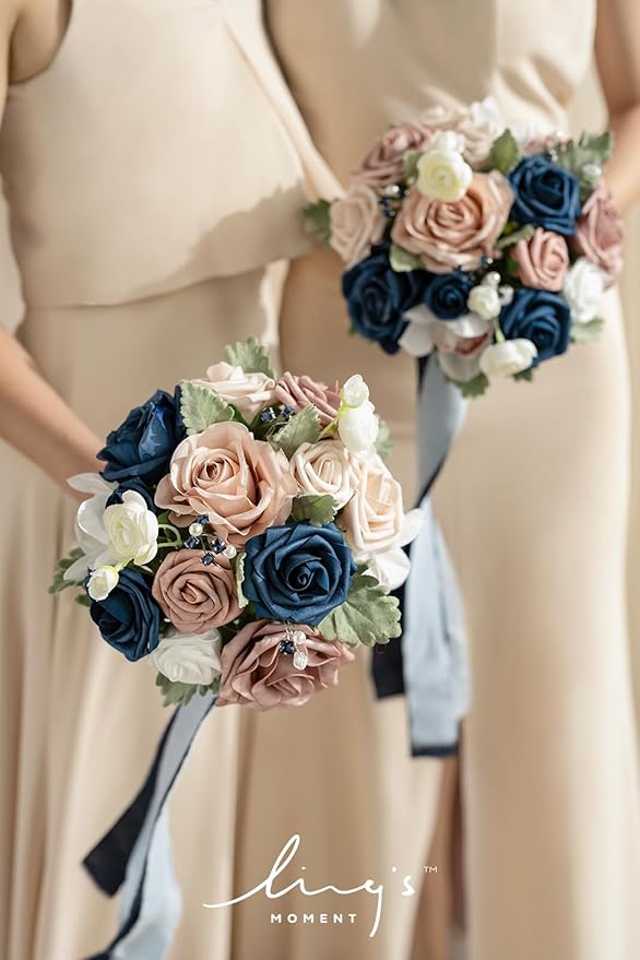 Ling's moment Artificial Flowers Dusty Rose Pink & Navy Blue Bridesmaid Bouquet Set of 4, Wedding Flowers Bouquets for Bridesmaids, 7 Inch Bridal Bouquets for Bridesmaids, Wedding, etc