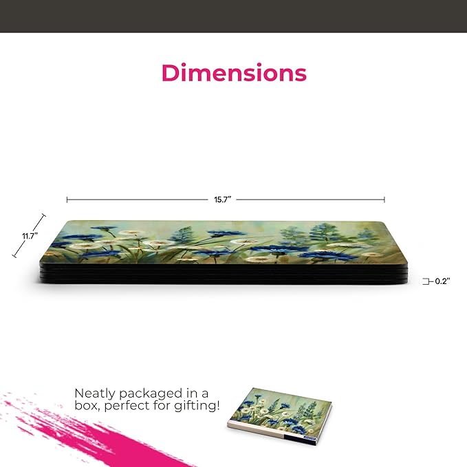Pimpernel Fleurs des Champs Collection Placemats & Coasters Set (15.7" x 11.7") – Blue & White Cornflower Pattern on Cork-Backed Boards, Heat & Stain Resistant Dining Mats with Lacquered Finish
