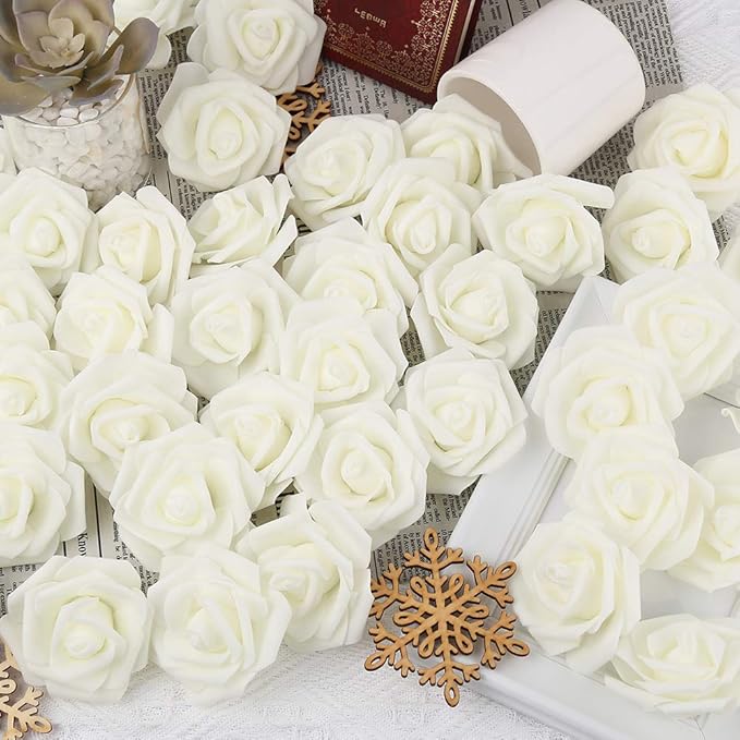 Artificial Rose Flower Heads, 100pcs Ivory Fake Roses Artificial Flower Foam Rose for DIY Wedding Bouquets Centerpieces Arrangements Party Baby Shower Home Decor (Stemless, Ivory)
