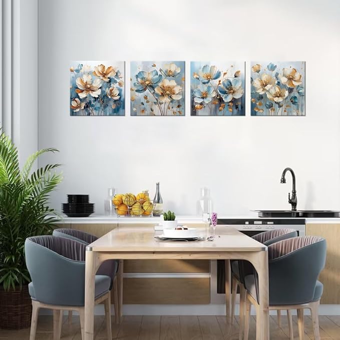 Pankila White Flower Wall Art Floral Pictures Blue and White Canvas Flowers Wall Decor Life Poster for Living Room Bedroom Bathroom Home Decorations Framed Artwork Ready to Hang (24''W x 24''H x 4)