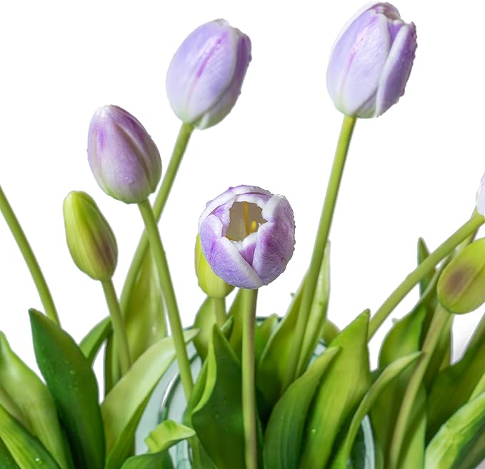 15pcs Artificial Tulips Flowers, Real Touch Latex Bouquet, Fake Tulips for Office Wedding Party Home Kitchen Garden Decoration-B Lavender