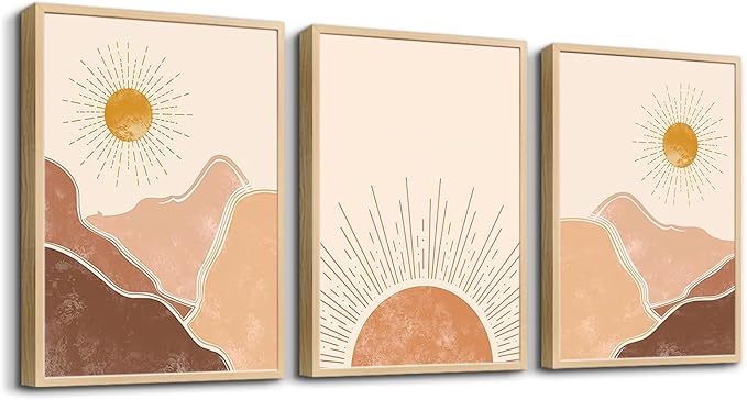 Natural Wood Framed Boho Wall Decor Living Room Canvas Wall Art For Bedroom Minimalist Abstract Mountain Sunshine Wall Painting Wall Decorations For Girl Room Office Wall Decor Pictures Home Decor
