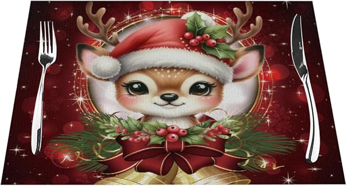 PVC Placemats Set of 4 Wipeable Table Mats Washable Heat Resistant Non Slip Vinyl Dining Table Mat for Kitchen Indoor Outdoor Patio Farmhouse Place Mats Red Christmas Bell Deer Decorative