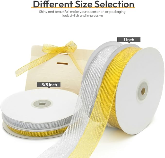 KMER LIFE 3/8 inch x 50 Yards Glitter Gold Ribbon, Sparkly Metallic Fabric Ribbons for Gifts Wrapping, Sewing, Party Decoration and DIY Crafts
