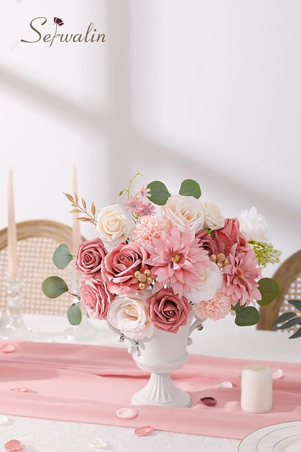Serwalin 2PCS Artificial Pink Silk Dahlia Flowers - Fake Wedding Bouquets & Centerpieces - Baby Shower & Home Decor