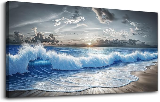 PHAOHUAXM Large Canvas Wall Decor For Living Room Wall Art For Bedroom Office Dining room Decor Modern Black White And Blue Ocean Wave Painting Printed Artworks Wall Pictures Home Decor 24"X48"
