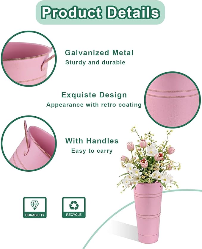 9 Inch Galvanized Metal Vases for Flowers - 6 Pcs Farmhouse Decorative Tall Flower Bucket with Handles, Rustic French Tin Planter Buckets for Wedding Decor (Pink)