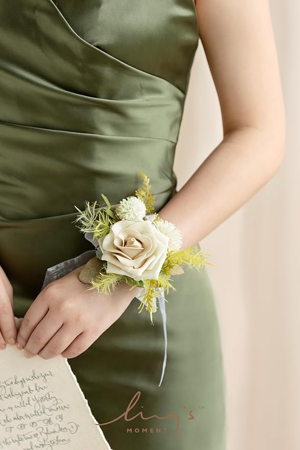 Ling's moment 6pcs Wedding Wrist Corsage Artificial Flowers, Girl/Mother Homecoming Prom Corsages Wristlet Décor, etc. Emerald Green Beige
