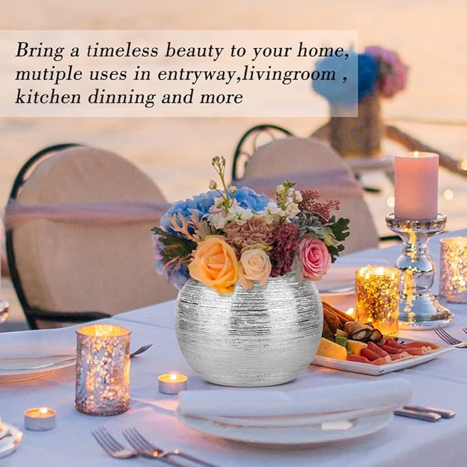 Silver Round Metallic Ceramic Planter Vase Indoor Decorative Centerpieces Flower Pot Sphere Plant Pot