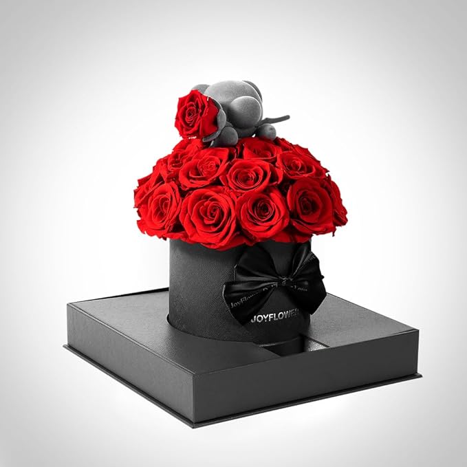 JoyFlower Preserved Real Rose in Acrylic Box, Forever Flowers Red Rose Bear Gift for Women Wife Girlfriend Mom Grandma, Eternal Rose Gifts for Birthday, Anniversary, Christmas, Valentines Mothers Day