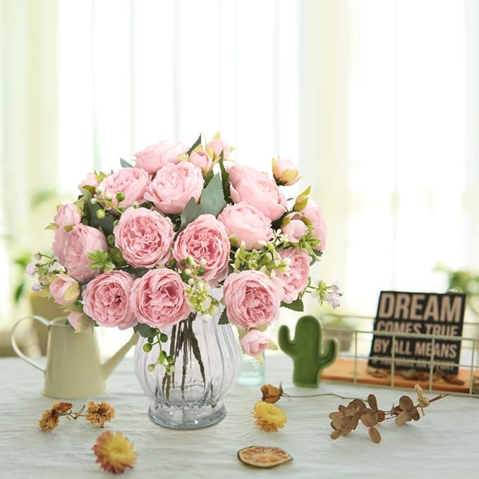 Artificial Peonies Silk Flowers in Glass Vase Faux Flowers Bouquets Modern Penoy Arrangement 4 Pack for Home Decoration Table Centerpiece (Pink)