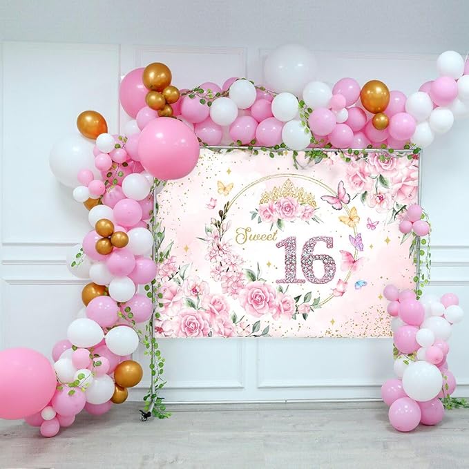 Mocsicka 7x5ft Sweet 16 Backdrop Sweet 16 Banner Decorations for Girls Birthday Party Pink Floral Gold Dots Sweet 16 Background Sweet Sixteen Decorations Photo Booth Props