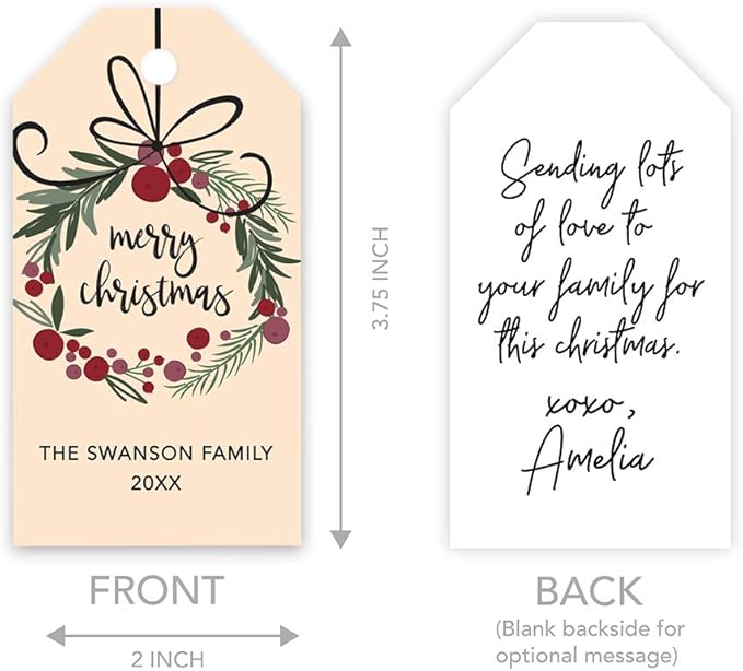 Andaz Press Personalized Christmas Holiday Season Classic Gift Tags, Merry Christmas Wreath Design, Custom Family Name and Year, for Holiday Events, Parties, and Favors, 60-Pack