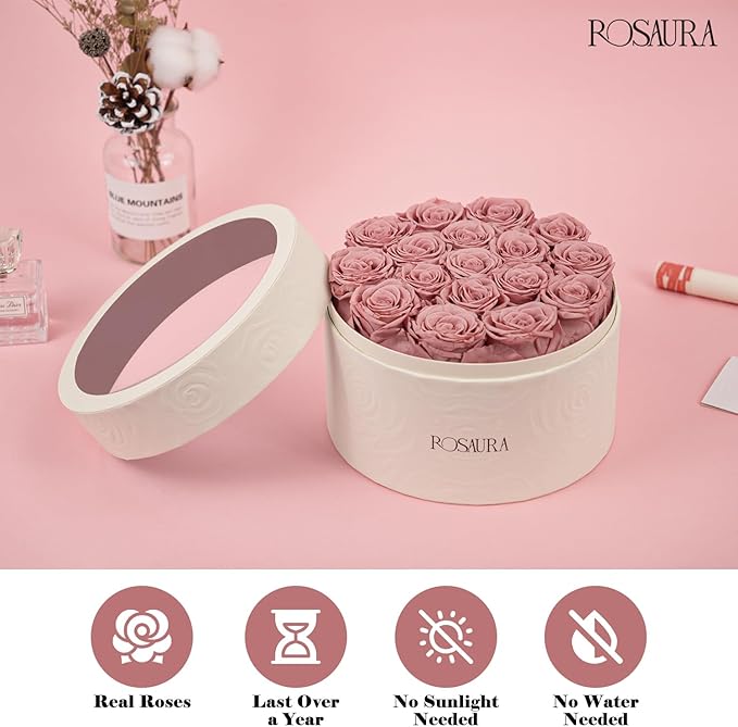 Rosaura Round Preserved Roses Gift Box - Real Forever Flowers for Birthday, Valentine's & Mother's Day (Cappuccino, 17 Roses)