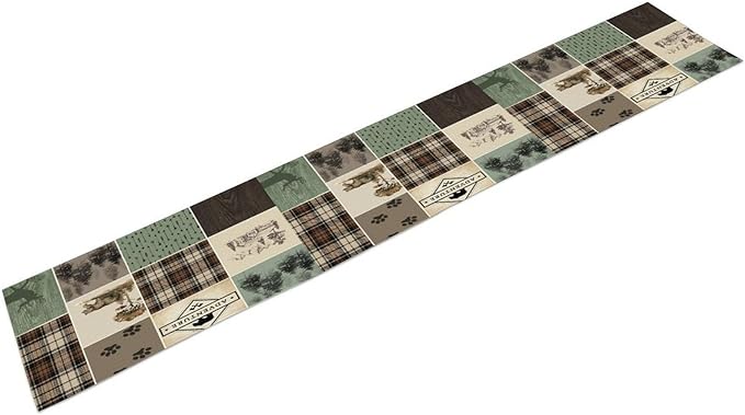 Bear Deer Table Runner,Rustic Lodge Retro Country Farmhouse Buffalo Plaid Print Tablecloth Burlap for Hotel Indoors Outdoor Dining Room Kitchen Home Decor,W13X L60 in